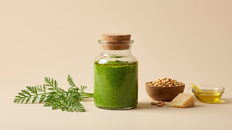 Ein Glasbehälter mit grünem Pesto steht im Vordergrund. Daneben befinden sich eine Schale mit Pinienkernen, ein Stück Käse und eine kleine Schale mit Olivenöl. Im Hintergrund sind frische Kräuterblätter zu sehen. Der Hintergrund ist hell und neutral.