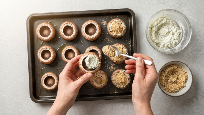 Zwei Hände füllen ausgehöhlte Champignon-Köpfe auf einem Backblech mit Kräutercreme und bestreuen sie mit Semmelbröseln; Schalen mit Kräutercreme und Bröseln stehen daneben.