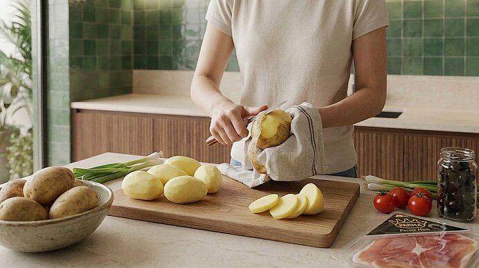Hände einer Person schälen Kartoffeln über einem Schneidebrett; geschälte Kartoffeln, Kartoffelscheiben und eine Schüssel mit rohen Kartoffeln sichtbar.