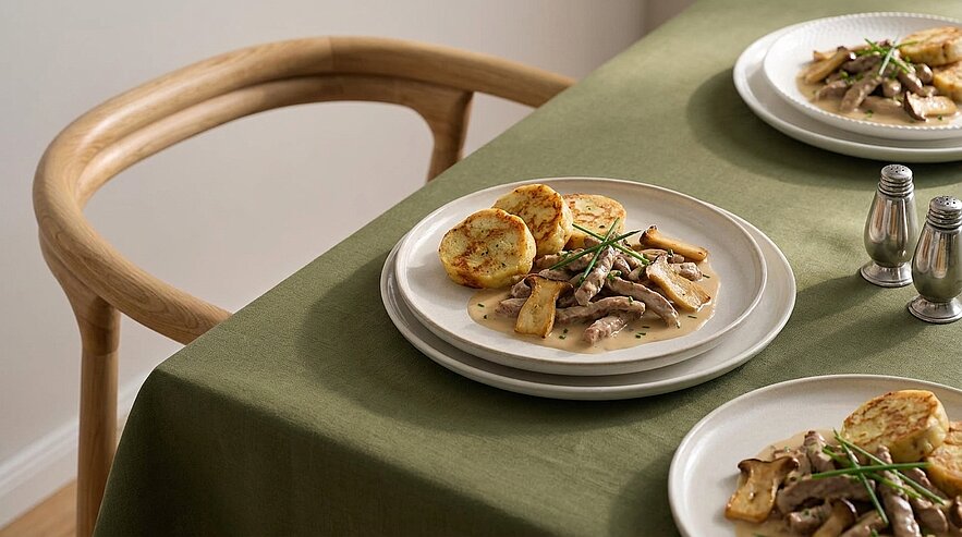 Weißer Teller mit Geschnetzeltem in cremiger Pilzsauce, drei goldbraunen Kartoffelrösti-Scheiben und Schnittlauchgarnitur.