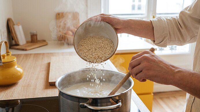 Hände einer Person gießen Körner in einen Topf mit kochender Milch und rühren mit einem Holzlöffel auf dem Herd.