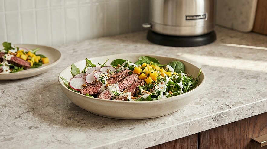 Schale mit Rucola-Salat, in Scheiben geschnittenem Rindfleisch, Radieschenscheiben und Mangowürfeln, garniert mit cremigem Dressing.