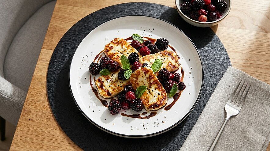Teller mit gebratenen Halloumi-Scheiben, garniert mit Brombeeren, Himbeeren, Minzblättern und dunklem Sirup; daneben kleine Schale mit Beeren.