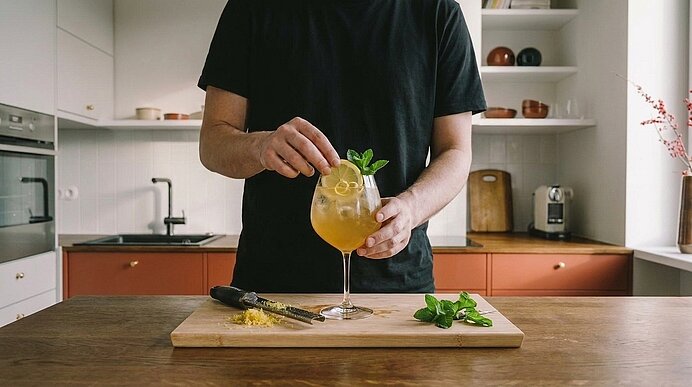 Person in schwarzem T‑Shirt dekoriert in einer Küche ein Cocktailglas mit Zitronenscheibe und frischer Minze auf einem Holzschneidebrett.