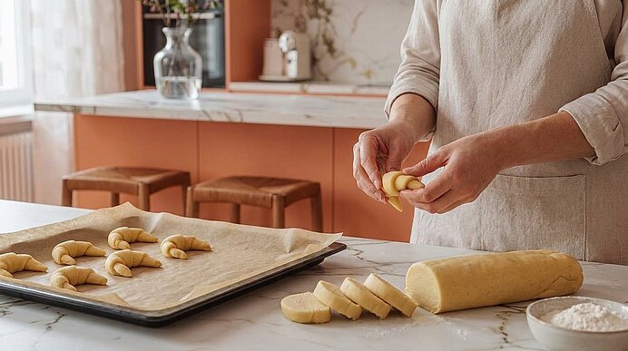 Hände formen Croissants aus Teig: aufgeschnittene Teigrolle und mehrere vorbereitete Croissants auf einem Backblech in einer Küche.