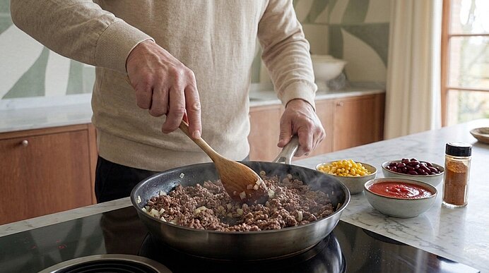 Person rührt Hackfleisch in einer Pfanne mit einem Holzlöffel; daneben Schälchen mit Mais, Kidneybohnen, Tomatensauce und Gewürz auf der Arbeitsfläche.