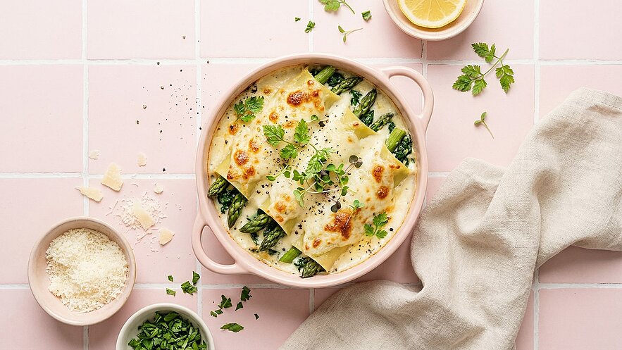 Ein Auflauf mit Lasagneblättern, gefüllt mit grünem Spargel und überbacken mit einer cremigen Sauce, ist in einer rosa Backform angerichtet. Frische Kräuter und Parmesan sind als Garnitur zu sehen. Der Untergrund besteht aus hellen Fliesen.