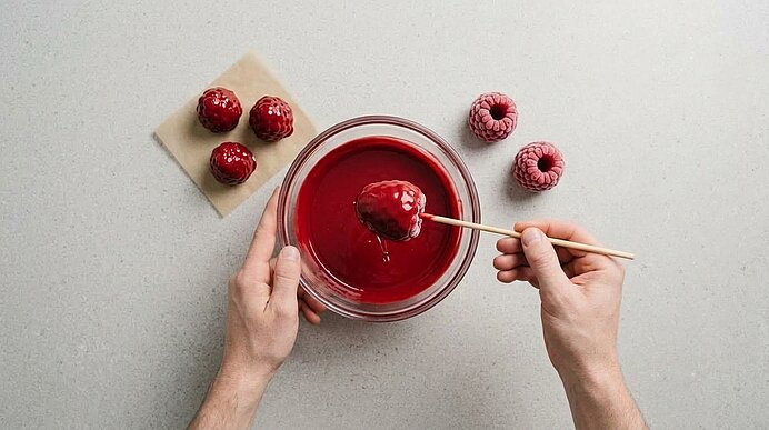 Zwei Hände tauchen ein Himbeer-Dessert am Holzstab in rote Kuvertüre in einer Glasschüssel.