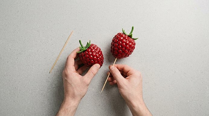 Zwei Hände ziehen vorsichtig den Holzstab aus geformten Himbeer-Desserts mit roter Glasur und grünen Blättern.