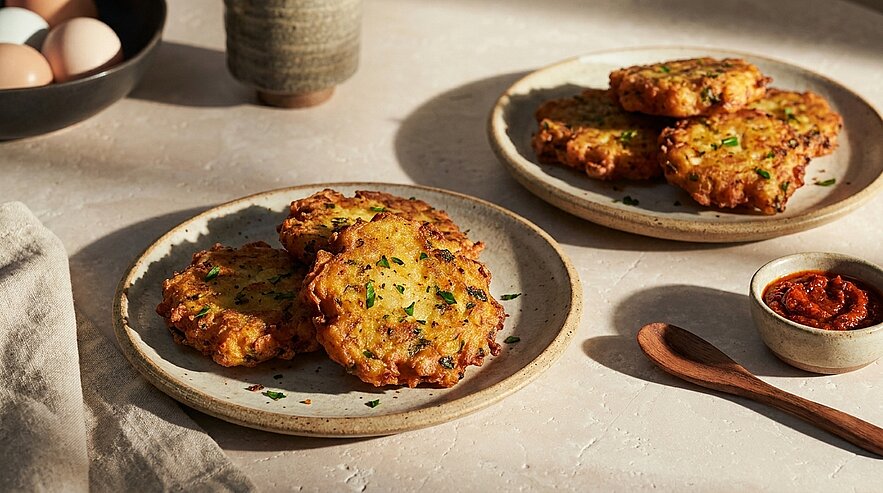 Auf einem Tisch liegen zwei Teller mit goldbraun gebratenen Kartoffelpuffern, garniert mit frischen Kräutern. Daneben befindet sich eine kleine Schüssel mit Chutney und ein Holzlöffel. Im Hintergrund sind einige Eier und ein behäbiger Becher sichtbar.