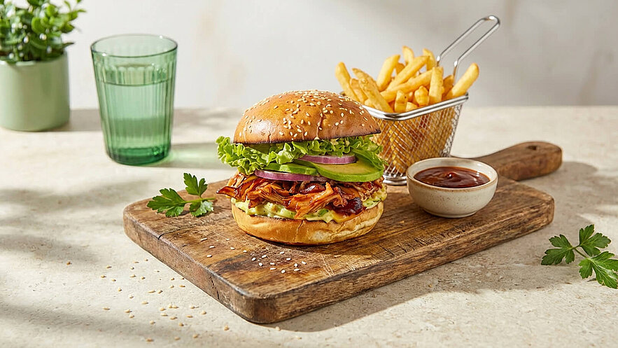 Ein frisch zubereiteter Burger mit Sesambrötchen, gefüllt mit Salat, Zwiebeln und einer herzhaften Füllung, steht auf einem Holzbrett. Daneben befinden sich eine großzügige Portion Pommes frites in einem kleinen Korb und eine Schüssel mit Dip. Ein Glas Wasser ist im Hintergrund sichtbar.