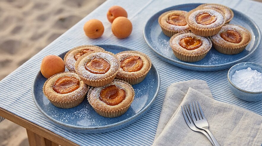 Auf einem Tisch liegen zwei Teller mit frisch gebackenen Aprikosen-Muffins, bestreut mit Puderzucker. Neben den Muffins befinden sich einige Aprikosen und eine kleine Schale mit Zucker. Der Tisch ist mit einem gestreiften Tuch bedeckt.