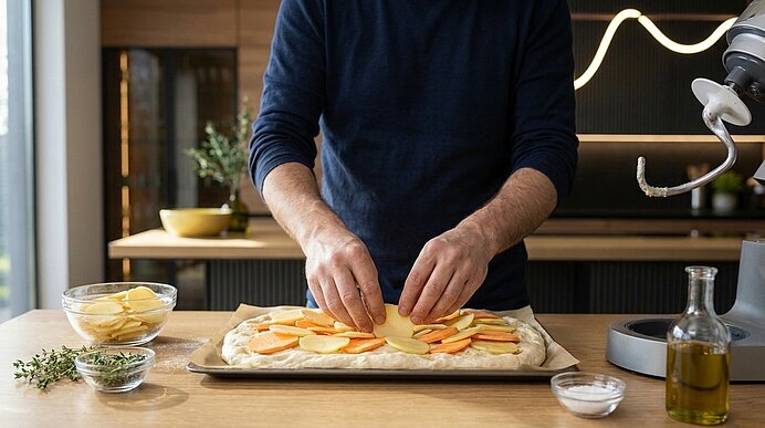 Hände einer Person legen dünn geschnittene Kartoffelscheiben auf ausgerollten Teig auf einem Backblech, daneben Schalen mit Kräutern und Öl.