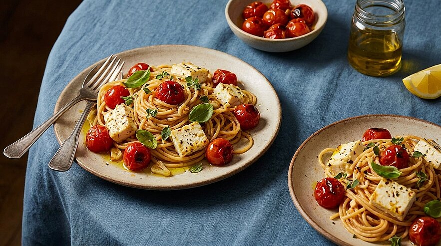 Zwei Teller Spaghetti mit gerösteten Kirschtomaten, Würfeln von Feta, frischen Basilikumblättern und Olivenöl, serviert auf blauem Tuch.