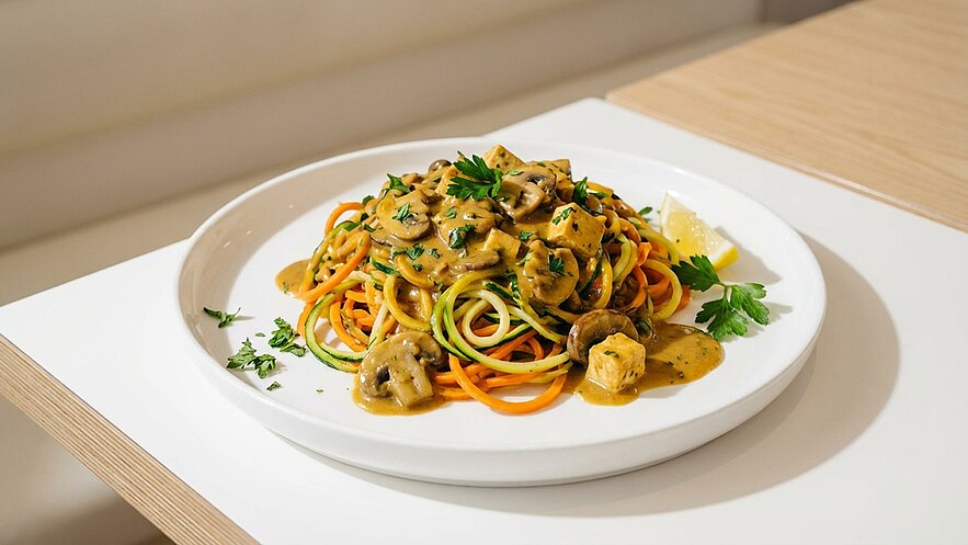 Ein Teller mit bunten Zoodles aus Zucchini und Karotten, garniert mit Stückchen von Tofu, Champignons und einer cremigen Sauce. Frische Petersilie und eine Zitronenscheibe ergänzen das Gericht.