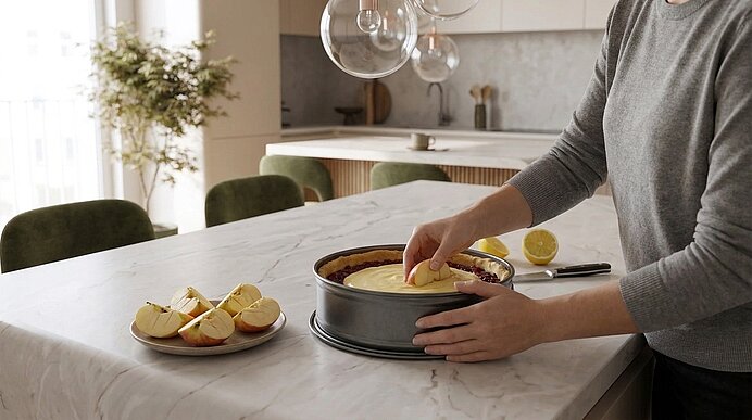 Person in moderner Küche legt Zitronenscheiben auf eine Torte in einer Springform auf der Arbeitsplatte; daneben ein Teller mit weiteren Zitronenscheiben.