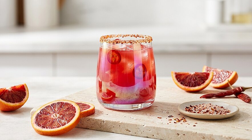 Glas mit leuchtend rotem Blutorangen-Cocktail, Eis und Orangenscheiben, Glasrand mit scharfem Salz/Chili, daneben aufgeschnittene Blutorangen und Chiliflocken.