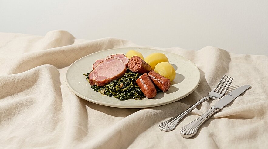 Teller mit Scheibe geräuchertem Schinken, zwei kleinen Würstchen, gedünstetem Spinat und drei Salzkartoffeln; rechts Besteck.