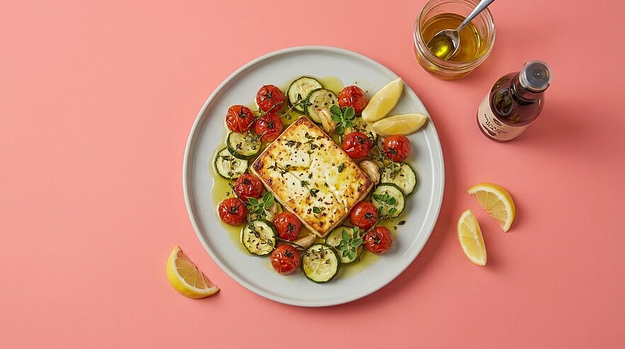 Gebackener Feta auf einem Teller, umgeben von gebratenen Zucchini- und Kirschtomaten, garniert mit Kräutern, Zitronenspalten und Olivenöl.