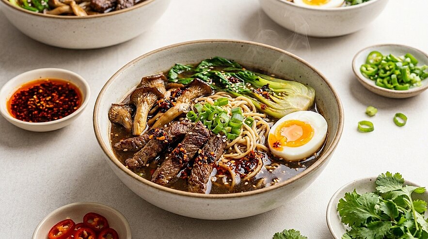 Eine Schüssel Ramen-Nudeln mit zartem Rindfleisch, frischem Gemüse, einem weich gekochten Ei und grünen Zwiebeln. Neben der Hauptschüssel sind kleine Schälchen mit scharfer Sauce und frischen Kräutern platziert. Dampf steigt aus der Suppe auf.
