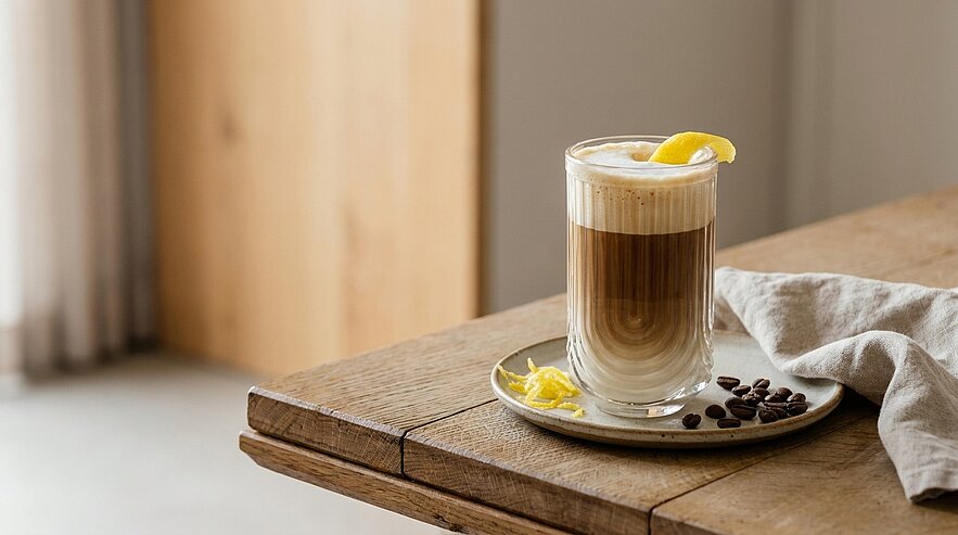 Geschichteter Latte Macchiato in einem doppelwandigen Glas auf einem kleinen Teller, garniert mit Zitronenzeste und einigen Kaffeebohnen, auf einem Holztisch neben einer Stoffserviette.