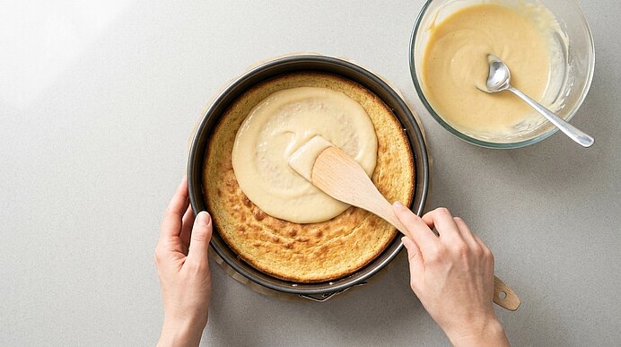 Zwei Hände verstreichen mit einem Holzspatel eine cremige Käsekuchenfüllung auf einem vorgebackenen Boden in einer Springform; daneben Schüssel mit restlicher Masse.