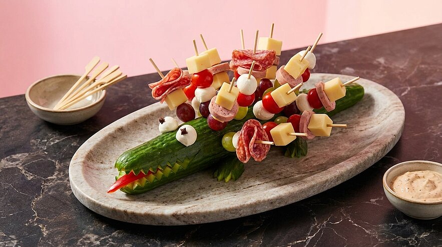 Gurke als Krokodil mit roter Paprika-Zunge, bestückt mit Spießen aus Käse, Salami, Trauben und Cocktailtomaten auf Servierplatte.