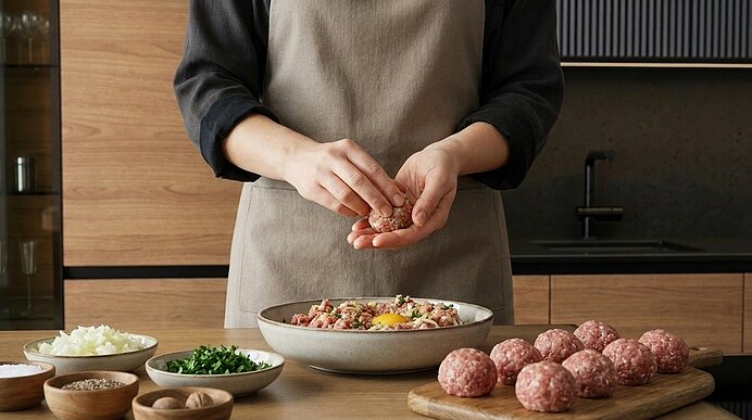 Oberkörper einer Person mit Schürze formt mit den Händen Fleischbällchen aus Hackfleisch über einer Schüssel; weitere geformte Bällchen und Schalen mit Zwiebeln, Kräutern und Gewürzen auf der Arbeitsfläche.