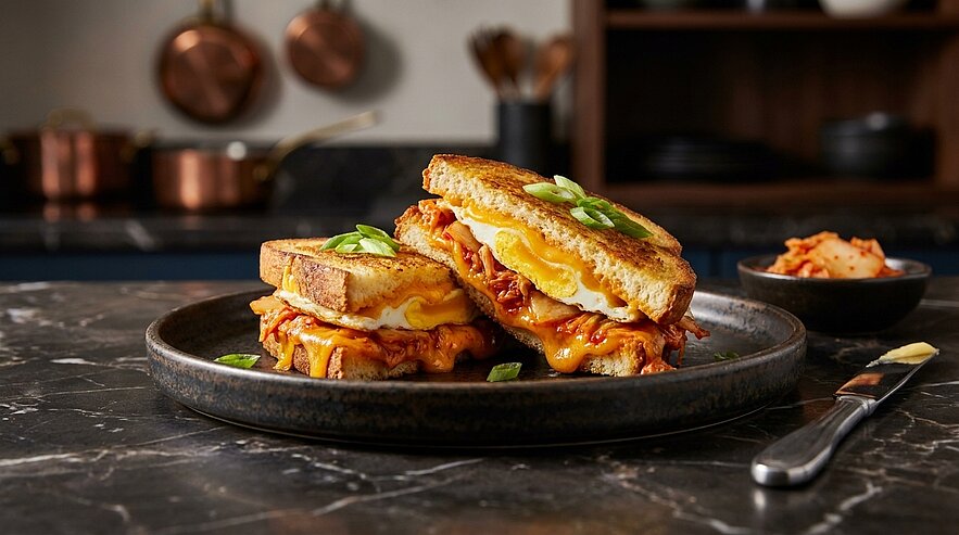 Zwei halbierte, goldbraun gegrillte Käsesandwiches mit geschmolzenem Käse und würziger Füllung auf einem dunklen Teller, garniert mit Frühlingszwiebelringen.