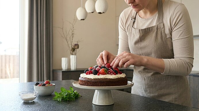 Person in Schürze dekoriert auf einer Küchenarbeitsplatte einen Schokoladenkuchen mit Sahne und frischen Beeren.