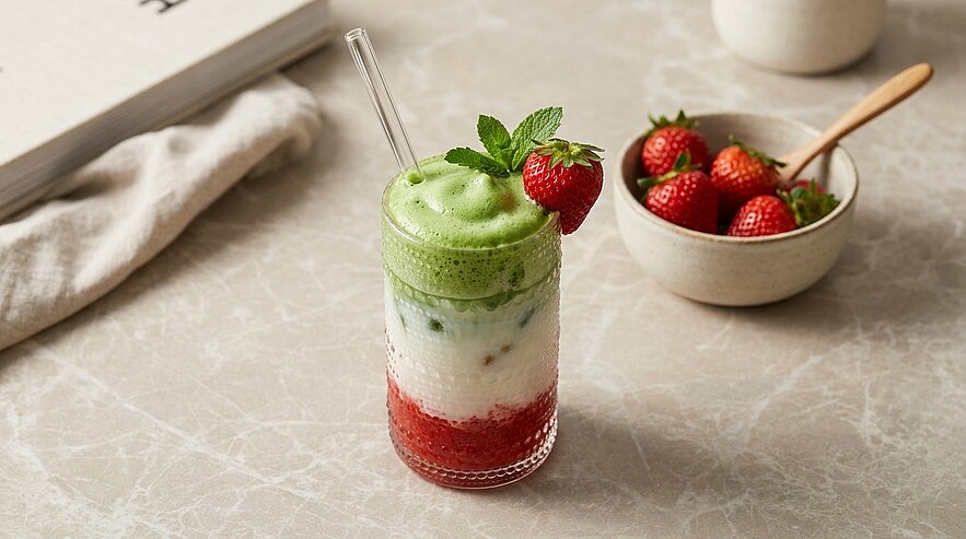Glas mit dreischichtigem Drink: rote Erdbeerschicht unten, weiße Joghurt-/Milchschicht in der Mitte mit Eiswürfeln, grüne Kräuter-Smoothie-Schicht oben, garniert mit Erdbeere und Minzblatt; daneben Schüssel frischer Erdbeeren.
