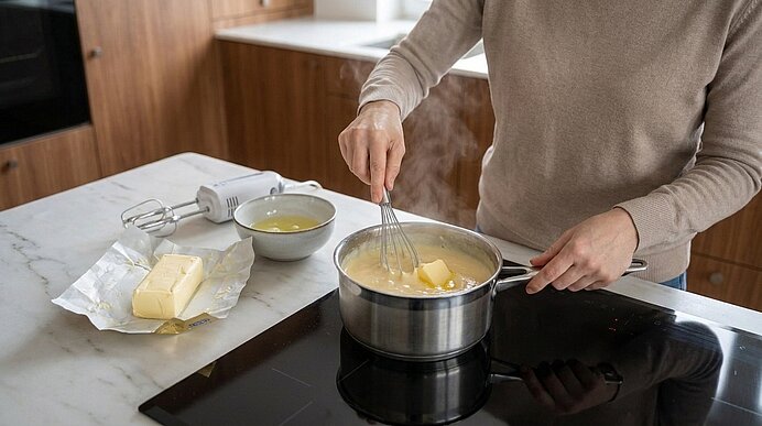 Person rührt Butter mit einem Schneebesen in einem dampfenden Topf auf dem Herd; ein Butterstück auf Papier, eine Schüssel und ein Handmixer stehen daneben.