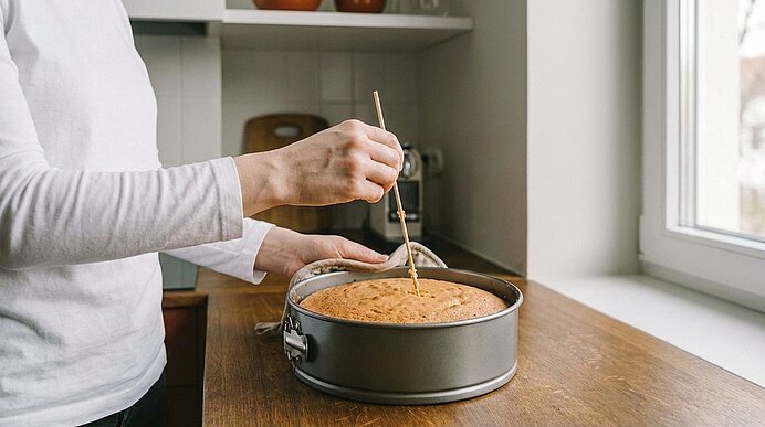 Hände stechen mit einem Holzspieß in einen runden Kuchen in einer Springform, um zu prüfen, ob er durchgebacken ist.
