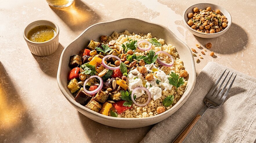 Schüssel mit Couscous-Salat aus geröstetem Gemüse, Kräutern, roten Zwiebelringen, Joghurtklecksen und gehackten Nüssen, daneben Dressing.