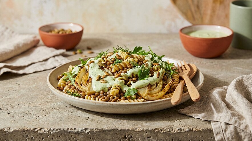Teller mit Fusilli-Pasta, gerösteten Fenchelstreifen, grüner Kräutersoße, bestreut mit gerösteten Kürbiskernen und frischen Kräutern; Holzbesteck daneben.