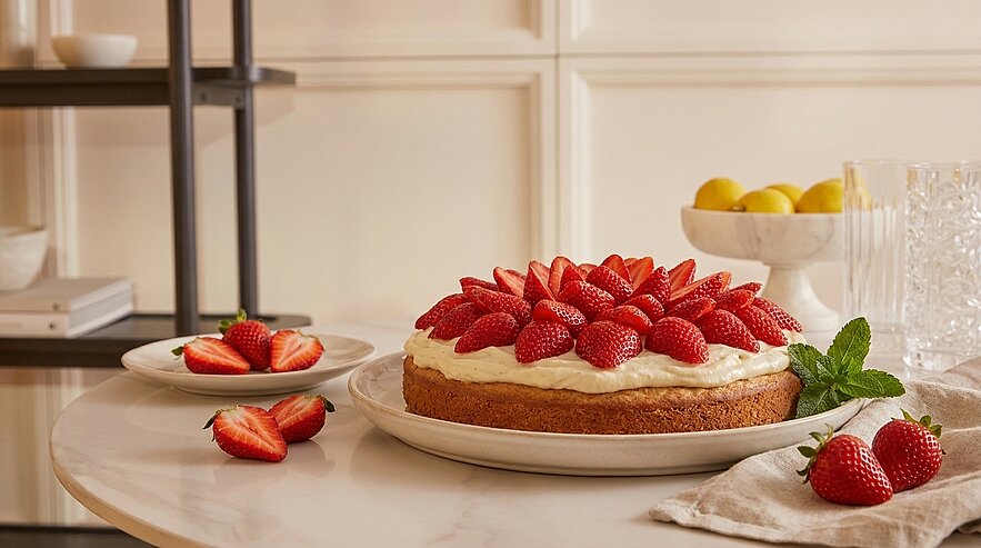 Erdbeerkuchen mit cremiger Schicht, dicht belegt mit frischen Erdbeeren auf einem Teller; daneben aufgeschnittene und ganze Erdbeeren sowie ein Minzblatt.