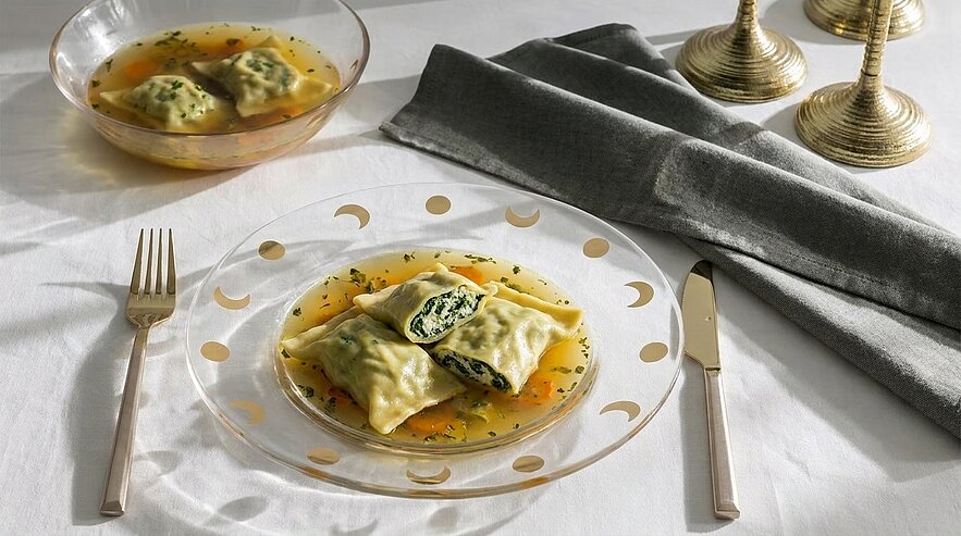 Ein Teller mit gefüllten Ravioli in einer klaren Brühe ist im Vordergrund sichtbar. Die Ravioli sind grün gefüllt, während sich ein leichter Kräuter-Sud darum herum befindet. Daneben liegt ein elegantes Besteck und ein dekoriertes Glas mit Suppenschüssel.