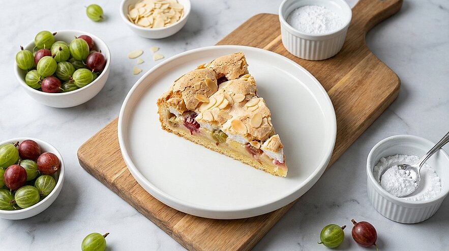 Ein Stück Kuchen mit einer knusprigen Baiser-Oberfläche liegt auf einem weißen Teller. Um den Teller herum sind Schalen mit verschiedenen Trauben und anderen Früchten angeordnet. Der Kuchen enthält sichtbare Fruchtstücke und ist auf einem Holzbrett platziert.