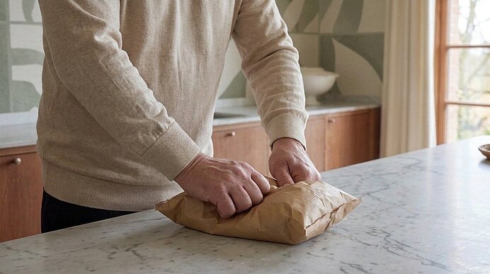 Hände einer Person falten ein Paket aus braunem Packpapier auf einer Marmor-Arbeitsplatte in einer Küche.