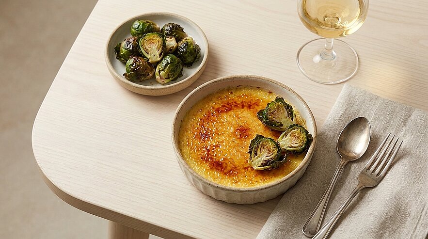 Crème brûlée mit karamellisierter Oberfläche, garniert mit gebratenen Rosenkohlhälften; daneben eine kleine Schale mit Rosenkohl, ein Glas Weißwein und Besteck.