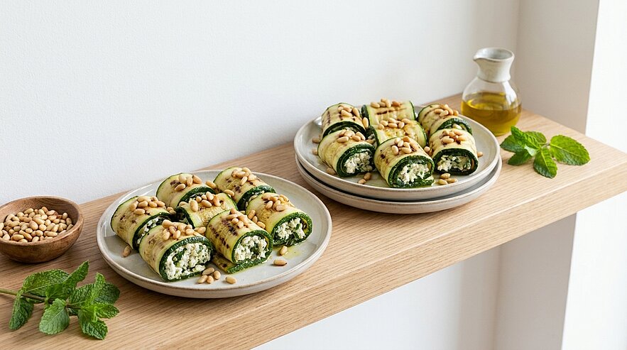 Zwei Schalen mit gefüllten Gemüse-Rollen auf einem Holzregal. Die Rollen bestehen aus Zucchini oder Auberginen, gefüllt mit einer cremigen Kräuter- und Käsemischung, garniert mit Pinienkernen. Neben den Schalen liegen frische Minzblätter und eine kleine Schale mit weiteren Pinienkernen.