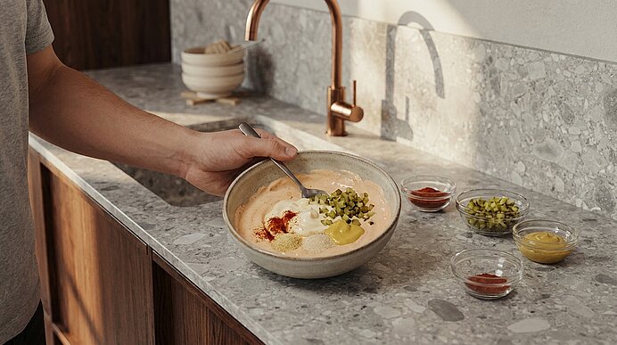 Hand rührt cremigen Dip in einer Schüssel auf der Küchenarbeitsplatte; daneben mehrere kleine Glasschälchen mit Gewürzen, Öl und gehackten Pistazien.