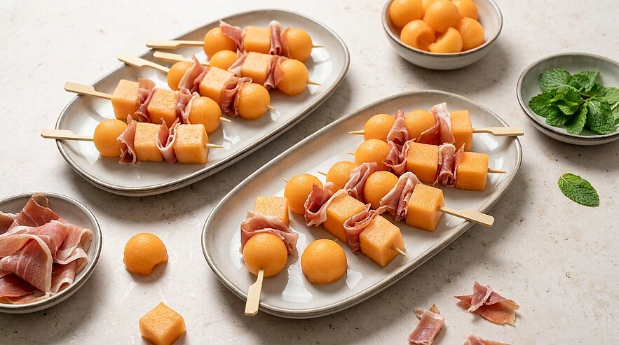 Mehrere Holzspieße auf Tellern, bestückt mit abwechselnden Kugeln und Würfeln orangener Melone und dünnen Scheiben Prosciutto (Parmaschinken).