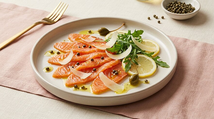 Dünn geschnittene Scheiben rohen Lachses auf Teller, garniert mit Zitronenscheiben, Kapern, Rucola, Parmesanhobeln und Olivenöl.