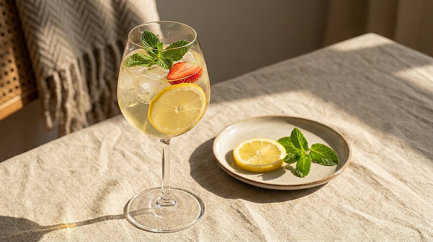Weinglas mit erfrischendem Zitronen‑Minz‑Drink, Eiswürfeln und Erdbeerscheibe; daneben ein kleiner Teller mit Zitronenscheibe und Minzblättern, alles im warmen Sonnenlicht auf einer Leinentischdecke.