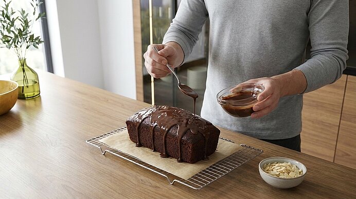 Hände einer Person übergießen einen Schokokuchen auf einem Abkühlgitter mit flüssiger Schokoladenglasur; daneben Schälchen mit Glasur und Mandelblättchen.