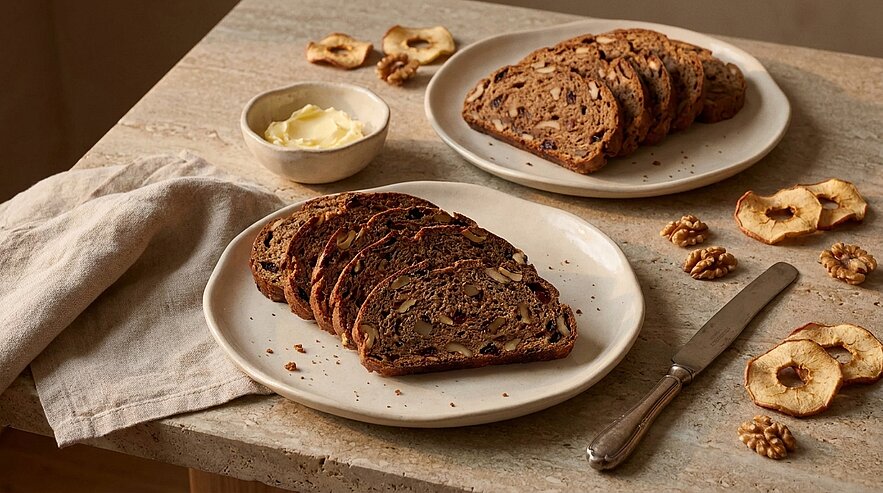 Mehrere Scheiben rustikales Nuss‑und Trockenfrüchtebrot auf zwei Tellern, daneben Butter, Walnussstücke und getrocknete Apfelscheiben.
