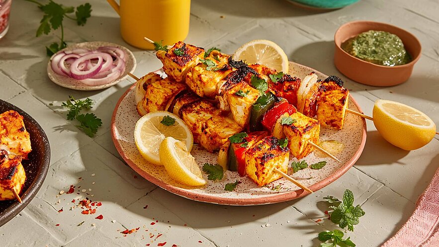 Auf einem Teller liegen gegrillte Spieße mit mariniertem Tofu und buntem Gemüse, garniert mit frischem Koriander. Neben dem Teller befinden sich Limettenscheiben und eine Schale mit grüner Soße. Die Anrichtung ist farbenfroh und appetitlich.