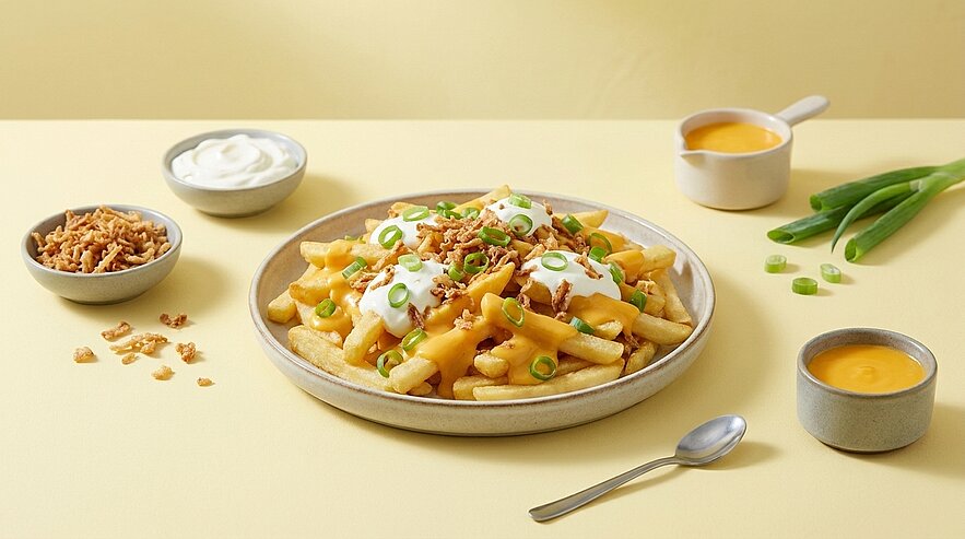 Teller mit Pommes frites, überzogen mit geschmolzener Käsesauce und saurer Sahne, garniert mit knusprigen Röstzwiebeln und gehackten Frühlingszwiebeln; daneben kleine Schälchen mit zusätzlicher Sauce.