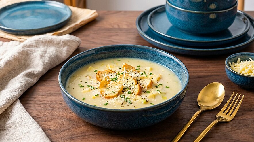 Blaue Schüssel mit cremiger Suppe, garniert mit Croutons, gehackten Kräutern und geriebenem Käse auf einem Holztisch.